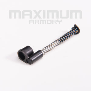 Fully assembled view of the M1911 1:2.05 Black/White 4-Piece Barrel Bushing & Recoil Spring Parts Set, demonstrating how the Barrel Bushing, Recoil Spring Guide, Recoil Spring, and Plug fit together for optimal recoil control.