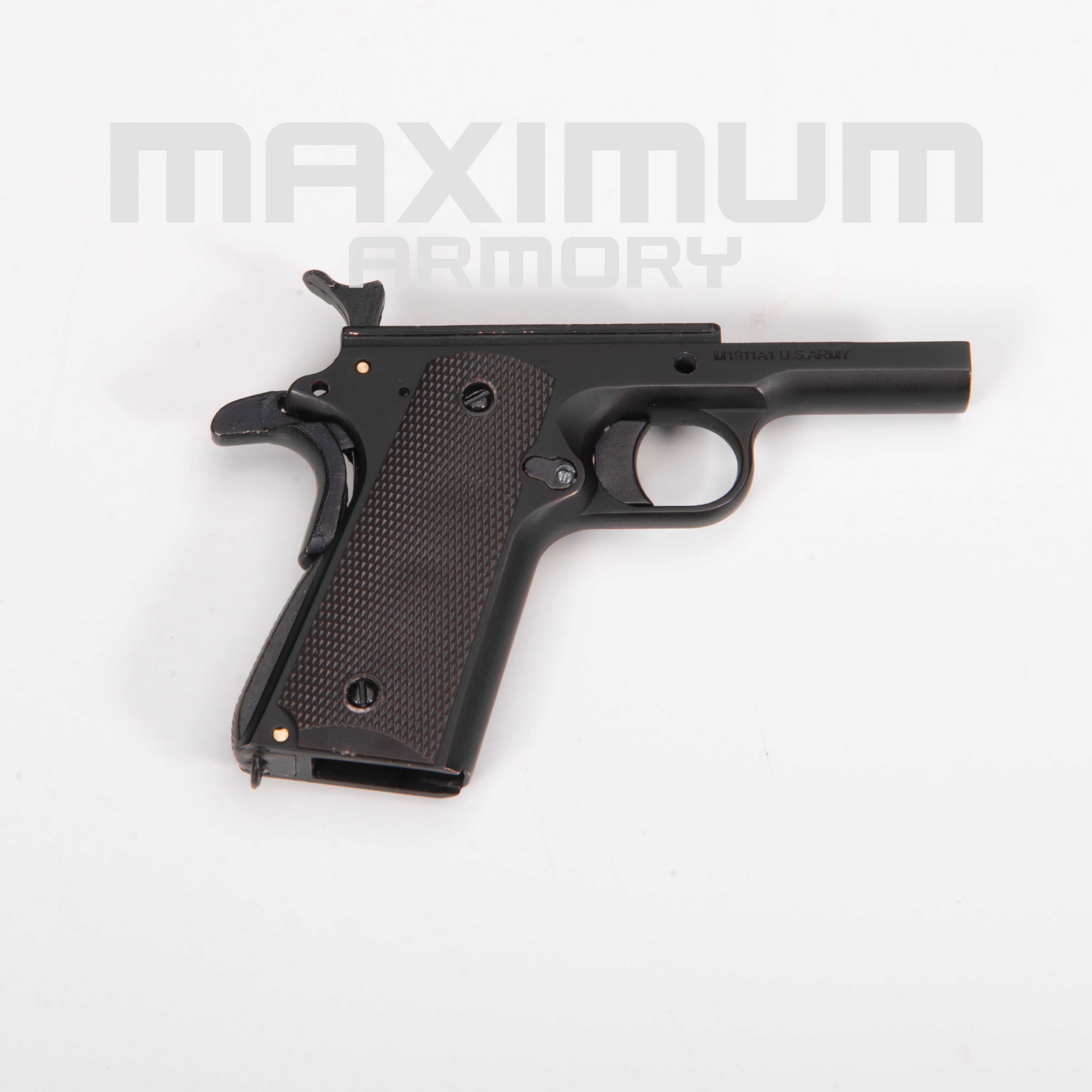 Top view of the M1911 1:2.05 Black/White Toy Guns Frame/Receiver, showcasing its solid structure and precise machining, essential for realistic assembly and durability.