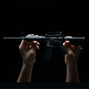 Close-up of a miniature AR-15 receiver crafted from die-cast metal, perfect for replica gun collectors and hobbyists.