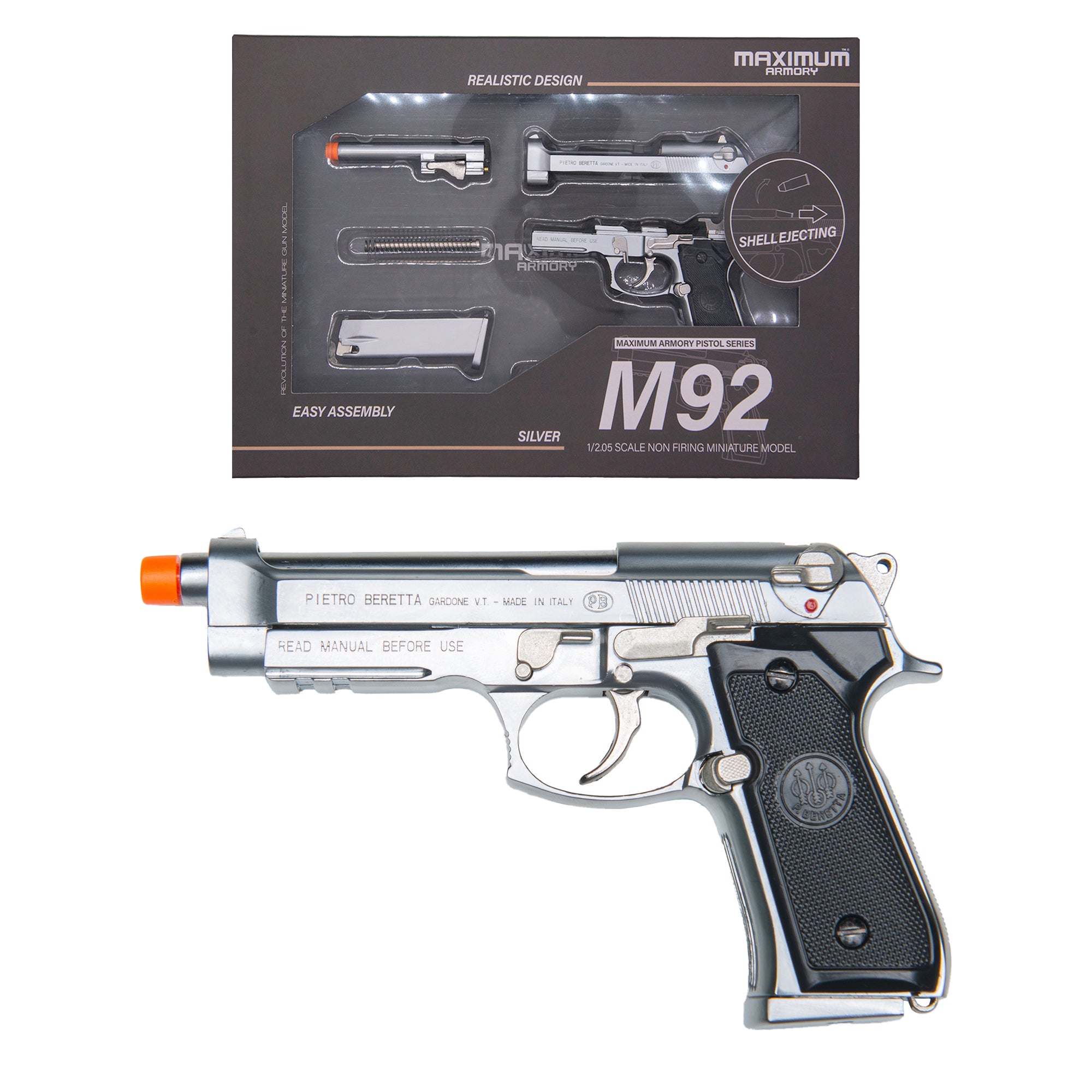 M92 Beretta - Argent - Modèle miniature sous licence Maximum Armory - Échelle 1:2.05